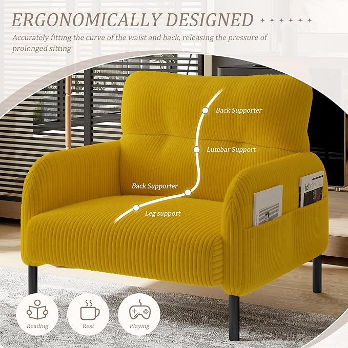 Yellow Accent Chair - Corduroy Living Room Chairs with Side Storage Pockets and Durable Legs Comfy Arm Reading Chair with Soft Backrest for Bedroom Balcony Study Room