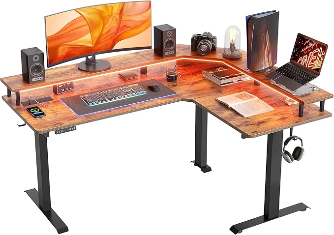 FEZIBO 63 Triple Motor L Shaped Standing Desk with LED Strip &amp Power Outlets Height Adjustable Stand up Corner Gaming Desk with Ergonomic Monitor Stand Rustic Brown Top/Black Frame