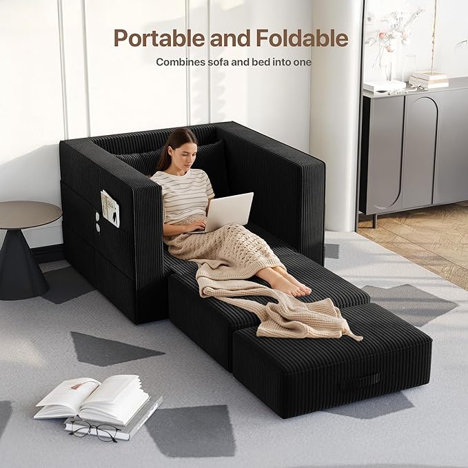 Claiks Convertible Sofa Bed2 in1 Folding Sofa BedArmchair Sleeper Sofa Boneless Corduroy Couch with 2 Pillows for Living Room BedroomBlack