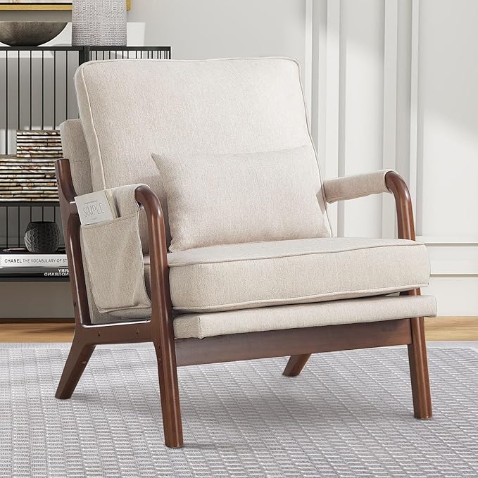 ANJ Mid Century Modern Accent Chair Lounge Reading Armchair with Extra Side Pocket &amp Detachable Cushion Comfy Fabric Accent Chairs for Living Room BedroomBeige