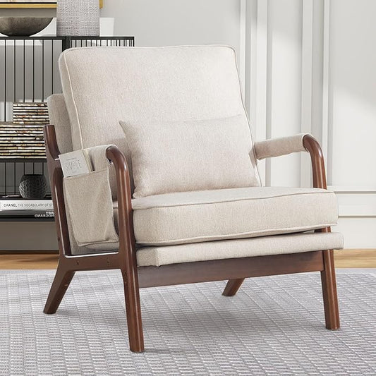 ANJ Mid Century Modern Accent Chair Lounge Reading Armchair with Extra Side Pocket &amp Detachable Cushion Comfy Fabric Accent Chairs for Living Room BedroomBeige