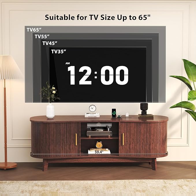 Mid-Century Modern TV Consoles with Sliding Doors 59.4 Fluted TV Stand with Power Outlet and Open Shelves Entertainment Center for Living Room Bedroom Red Brown