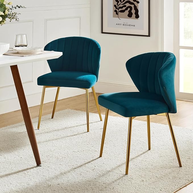 HULALA HOME Dining Chairs Set of 2 Velvet Upholstered Kitchen &amp Dining Room Chairs with Metal Legs Vanity Chair Armless Side Chairs for Living Room Bedroom Restaurant Channel Curved Backrest Tea