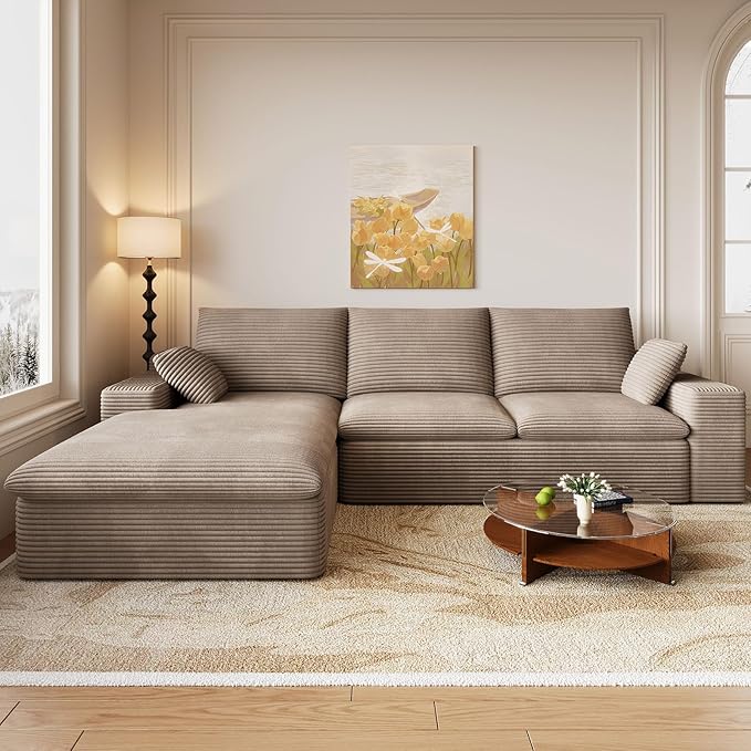 107 Cloud Couch Modular Sectional Couchs with Chaise Lounge L-Shape Boneless Couches for Living Room Corduroy Sofa with Deep Seat No Assembly Required (Camel Left Facing Chaise)