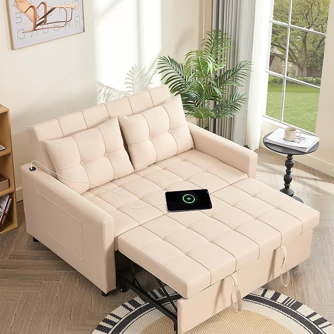 52 Sleeper Sofa with Pull-Out Bed 3-in-1 Convertible Sofa Bed Set of Loveseat with Stepless Adjustable Backrest and Side Pocket for Living Room Dorm Apartment Linen Beige