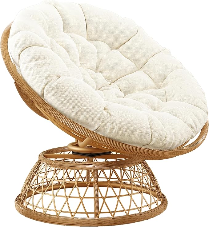 38'' 360 Degree Swivel Wicker Papasan Chair with Cushion and Base - Thickened Rattan Swivel Papasan Chair with Soft Cushion and Durable Frame Oversized Reading Chair for Living Room Beige