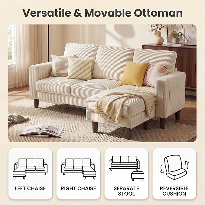 Homall 3 Seat Couch L Shape Sofa with Side Storage Pockage Sectional Couches with Reversible Ottoma Upholstered Sofa for Living Room and Small Spaces (Corduroy White)