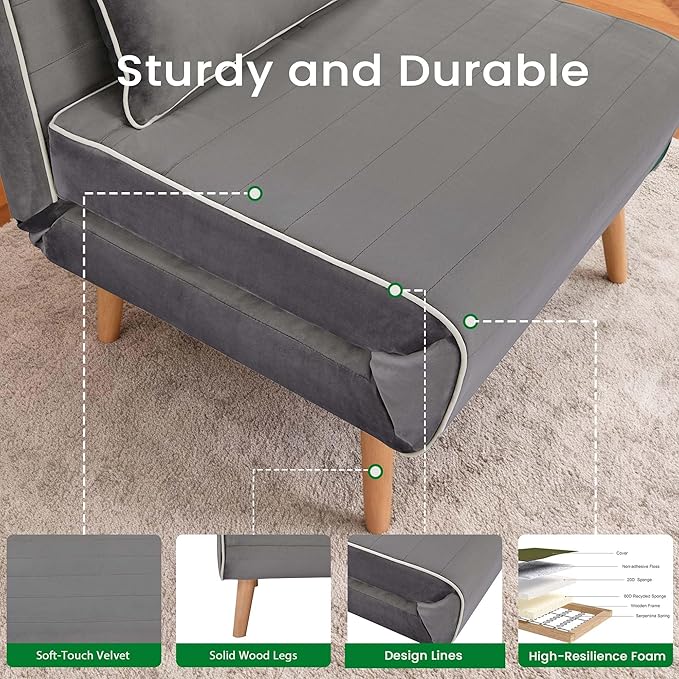 3-in-1 Convertible Sofa Bed Futon Sofa Bed with Pillow &amp Adjustable Backrest Recliner Sleeper Sofa for Small Spaces Living Room Bedroom or Office Grey 3 Set
