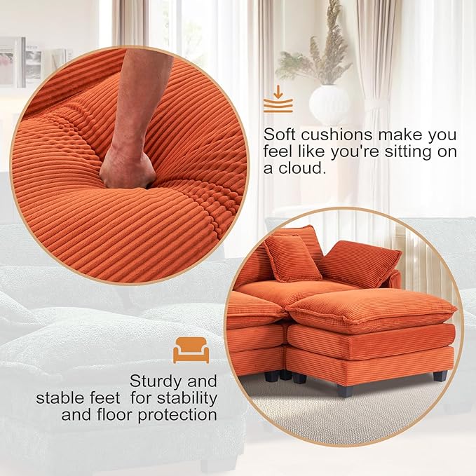 Furniliving Oversized Accent Chair with Ottoman Luxury Corduroy Single Sofa Upholstered Deep Seat Chaise Lounge with Pillows for Living Room Bedroom Apartment Orange