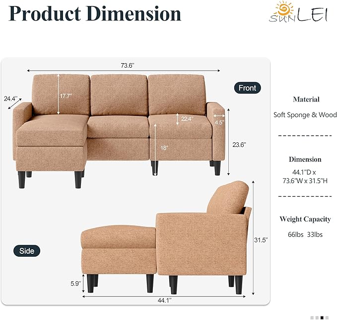 SUNLEI Sectional Sofa Couches for Living Room L Shaped Couch with Reversible Chaise Modern Linen Convertible Sectional Sofa for Small Space as Apartment Brown