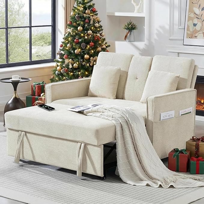 Convertible Sofa Bed 3-in-1 Sleeper Sofa with Pull-Out Bed Chenille Couch Folding Loveseat USB Ports &amp Adjustable Backrest Modern Loveseat for Living Room Apartment Beige