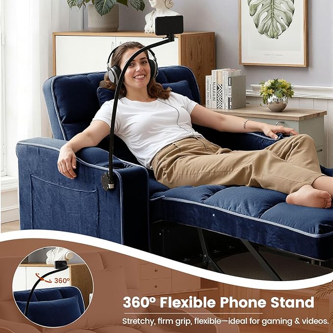 Sleeper Chair Convertible Pull Out Chair Sleeper with Bracket and Cup Holder Chairs Bed Sleepers for Adults 3 in 1 Sofa Bed Chairs for Small Spaces Living Room Blue