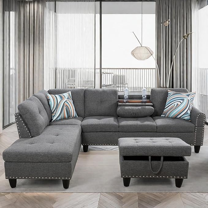 L Shaped Sectional Couch with Ottoman Modern Lounge Modular Sectional Sofa with Cup Holder Nail-Head Design L Shaped Couch for Living Room Bedroom Gray