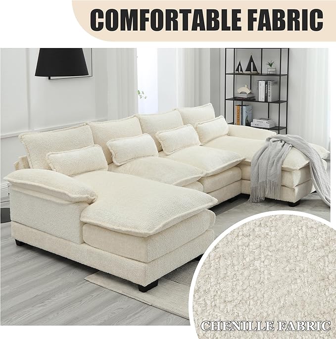 110'' U-Shaped Sectional Couch Modern Chenille Extra Large Modular Sofa with 4 Cushions Memory Foam Funiture Set with Double Lounger for Living Room Office Reception Room Beige