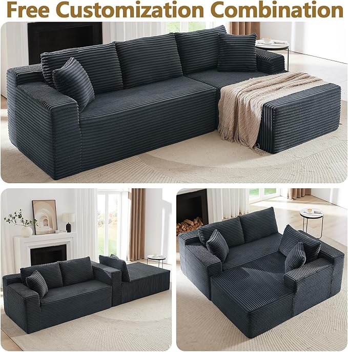 104 Boneless Sectional Couches L Shaped Couch with Deep Seat for Living Room Apartment Corduroy Memory Foam Couch with Comfy Pillows (Dark Grey Right Chaise)