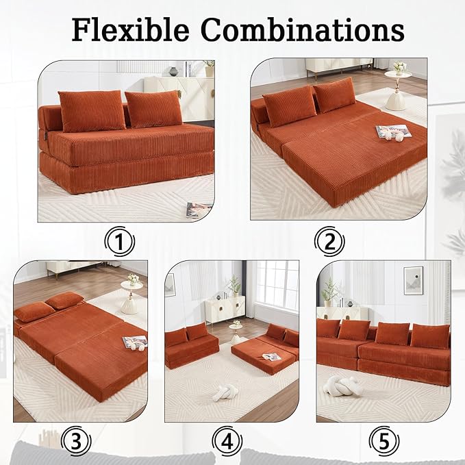 55 Convertible Folding Sofa Bed with 2 Pillows Corduroy Foldable Sleeper Sofa for Adult Floor Couch Bed for Living Room Bedroom No Assembly (Orange)