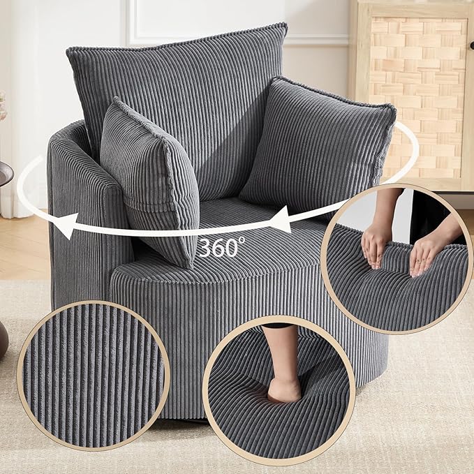 Swivel accent chairSwivel barrel chairReclining armchairs for bedrooms Swivel chairUpholstered Living Room Chair Corduroy Reading Chair Single Sofa Chair for Bedroom Apartment Office(Modern Grey)