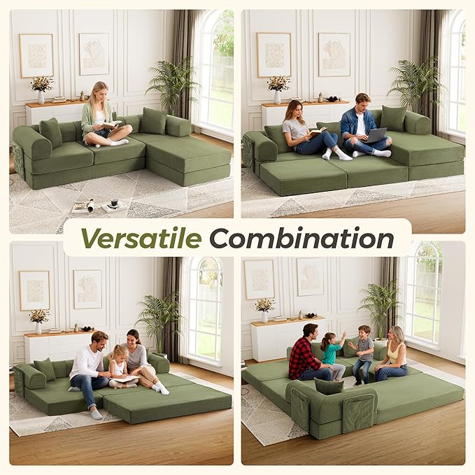 106.3 Oversized Convertible Sleeper Sofa Bed L Shape Modular Sectional Cloud Sofa with Fixed-Shape Frame Boneless Couch with Storage Pocket for Living Room No Assembly Required Green