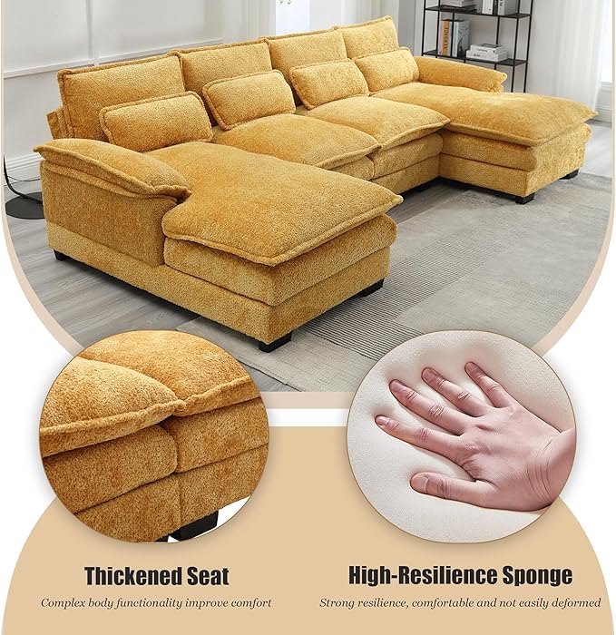 110'' U-Shaped Sectional Couch Modern Chenille Extra Large Modular Sofa with 4 Cushions Memory Foam Funiture Set with Double Lounger for Living Room Office Reception Room Yellow