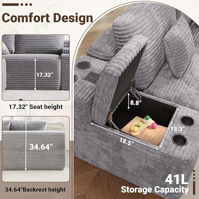 150 Modular Sectional Sofa with 2 Ottoman 5-Piece Cloud Sectional Couch with Console Storage USB Bluetooth Speaker &amp Cup Holder U Shaped Boneless Couches for Living Room Furniture Light Gre
