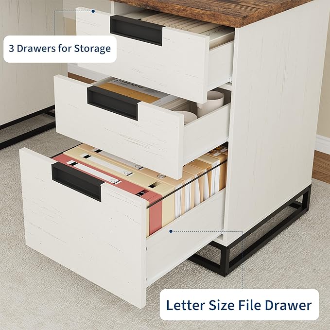 IDEALHOUSE Farmhouse Executive Desk 59 Computer Desk White Home Office Desks with File Drawer and Storage Cabinet Wood Writing Desks for Home Office Bedroom White+Vintage