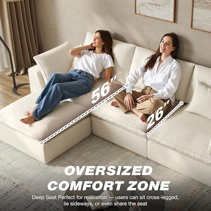 108 Modular Sectional Sofa with blanket4-Piece Boneless Couch Deep Seat Cloud Couch with Ottoman Removable Covers Soft Cushion Support High Back for Living Room/Apartment/Family Lounge Linen Beige