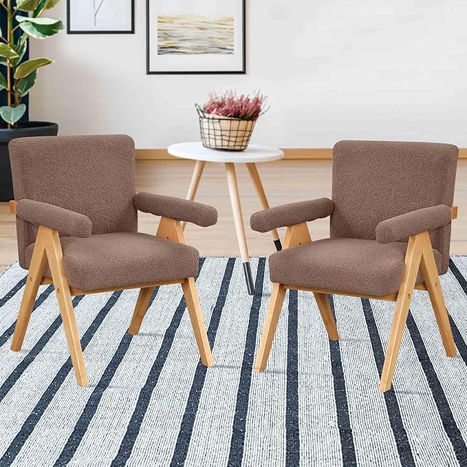 Modern Velvet Upholstered Accent Chairs Set of 2 with Wood Frame and Armrest Fabric Wooden Armchairs for Living Room Bedroom Office Reading Room (Brown)