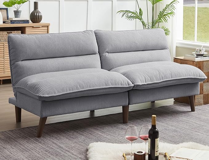 72 Futon Sofa Bed Futon Couch with Adjustable Backrest Recliner Small Loveseat for Living Room Office Apartment Corduroy Loveseat Light Grey