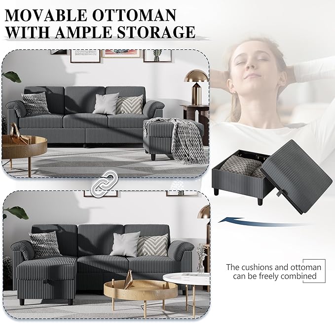 Meilocar Sectional Couches for Living Room L Shaped Couch with Side Storage Pockage Comfortable 3 Seat Sofa Couches for Apartment Grey