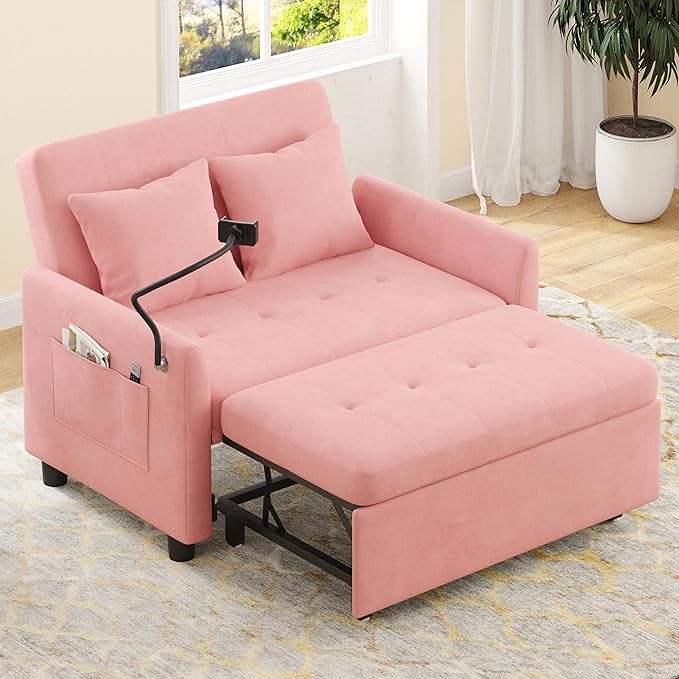 3 in 1 Convertible Pull Out Sleeper Couch Sofa Bed Small Loveseat Futon Bed 46 Velvet Love Seat with Pillow and Phone Holder for Living Room Pink