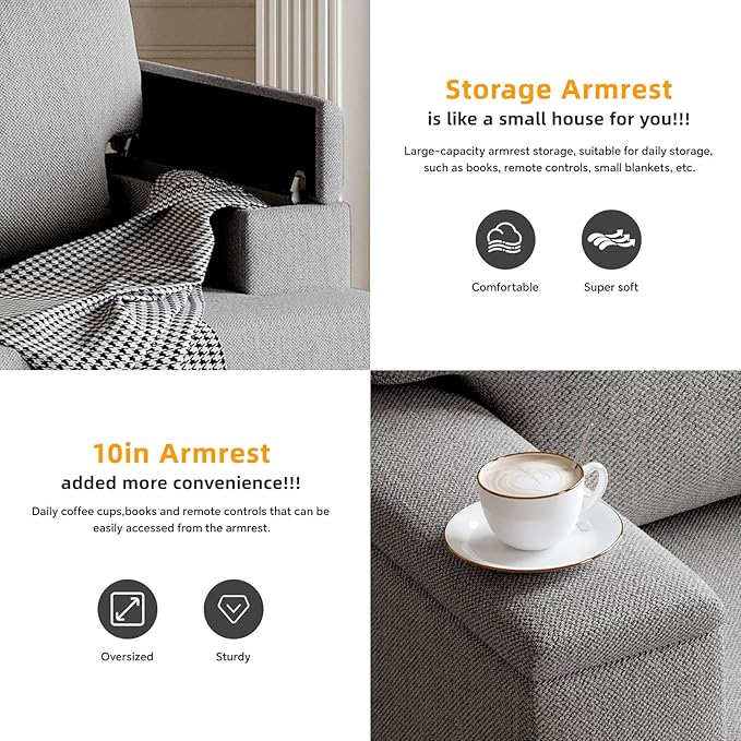 Oversized Accent Chair with Storage ArmrestComfy Living Room Chairs with 7.8'' CushionUpholstered Linen ArmchairReading Accent Chairs For Bedroom Living RoomSingle Sofa ChairDark Gray