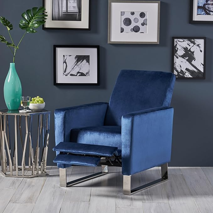 Mid-Century Fabric Rocker Recliner Chair Adjustable Single Recliner Sofa with Thicker Seat Cushion with Pocket for Living Room Bedroom Apartment (Blue)