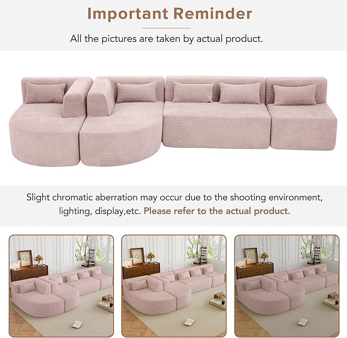 P PURLOVE Modular Sectional Sofa 4 Free Combined Sofa Couch Boucle Fabric Modern Upholstered with 2 Chaise Lounge and 5 Back Pillows for Living Room Office Apartment (Pink)