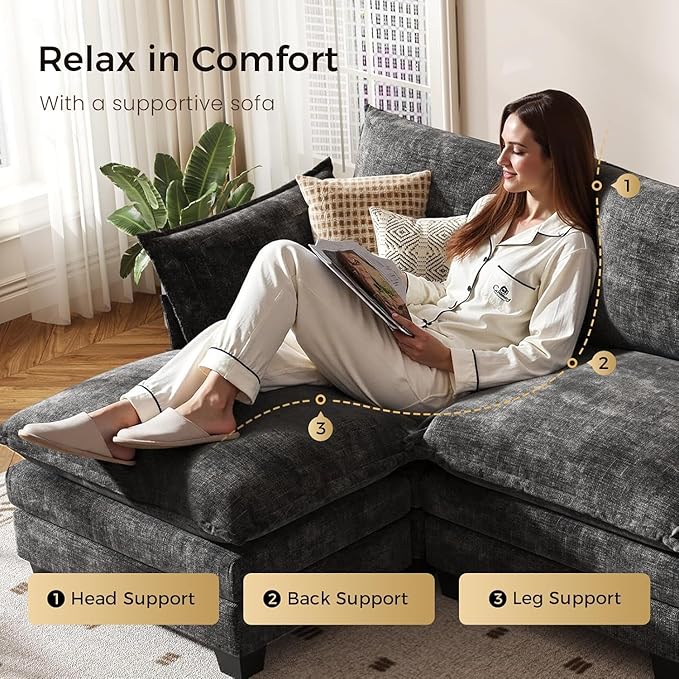KKL 120 Modular Sectional Sofa for Living Room U-Shaped 6 Seater Convertible L-Shaped Cloud Couch with Ottoman Chenille Modern Sectional Couches for Living Room Apartment Grey