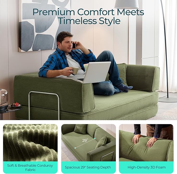 LINSY HOME Sofa Bed Couch - Convertible Boneless Couch Bed with 2 Pillow (Green) | Folding Sofa Bed Corduroy Material No Assembly Compressed Sofa Couch in a Box