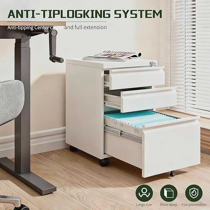 3 Drawer File Cabinet with LockRolling Mobile File Cabinet with Wheels for Home OfficeUnder Desk Metal Filing CabinetOffice Storage OrganizerFully AssembledWhite