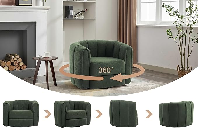 Swivel Accent Chair for Livingroom Teddy Fabric 360 Degree Round Swivel Barrel Armchair Wide Upholstered for Living Room Bedroom Reading Waitingroom (Green+Dark Green)