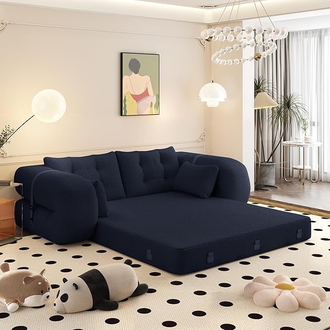 Polibi 78.7 Foldable Sleeper Sofa Bed - 3-in-1 Lazy Sofa Couch Human Dog Bed with Teddy Fabric &amp Foam Filling for Living Room Guest Playroom No Assembly Required (Dark Blue)
