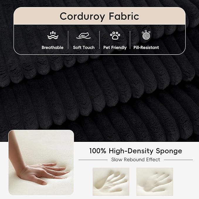 Convertible Sofa Bed 79 Inch Boneless Couch Corduroy Loveseat Sleeper Oversized Double Lounge Chaise Cloud Futon Floor Sofa Modular Futon Couch for Living Room Bedroom Lounge (Black)
