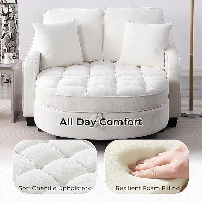DEINPPA Oversized Accent Sofa Chair with Storage Ottoman Chenille Upholstered Comfy Chair with Throw Pillows for Living Room Reading Room Bedroom-Beige