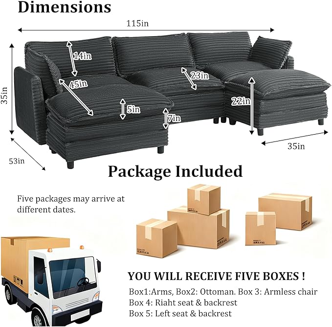 115'' Modular Sectional Sofa Comfy Cloud Couch with Movable Ottoman Deep Seat Corduroy U Shaped Modular Sofa Sectional Couches for Living Room Bedroom and Apartment Dark Grey