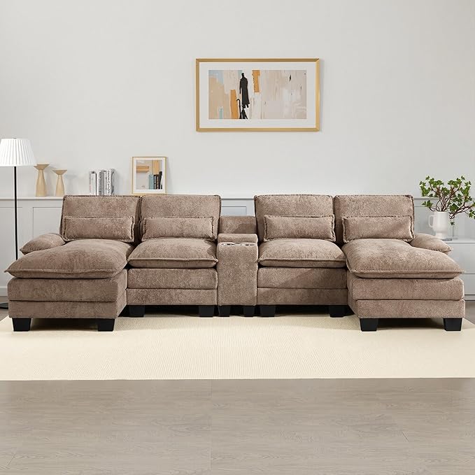 125 U Shaped Modular Sectional Cloud Sofa Small Sherpa Upholstered Double Chaise Living Room Couch Storage Central Console Cup Holders USB Port Camel
