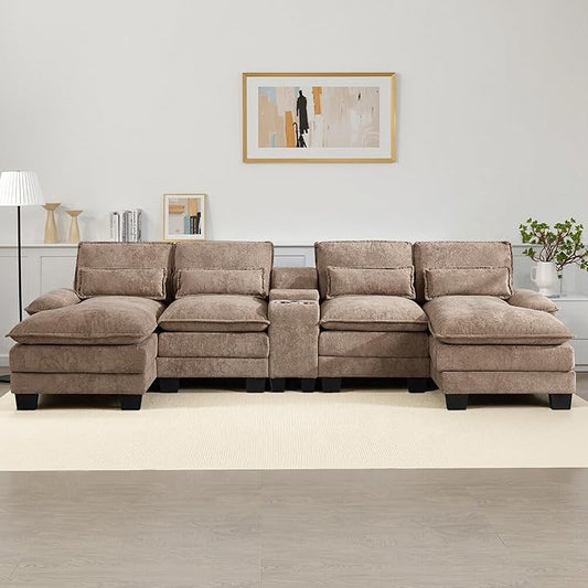 125 U Shaped Modular Sectional Cloud Sofa Small Sherpa Upholstered Double Chaise Living Room Couch Storage Central Console Cup Holders USB Port Camel