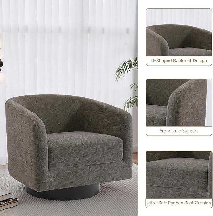 Swivel Barrel Chair Modern Round Chenille Swivel Accent Chair for Living Room Comfy Club Chair Upholstered Armchair for Bedroom Small Space-Chenille Tan