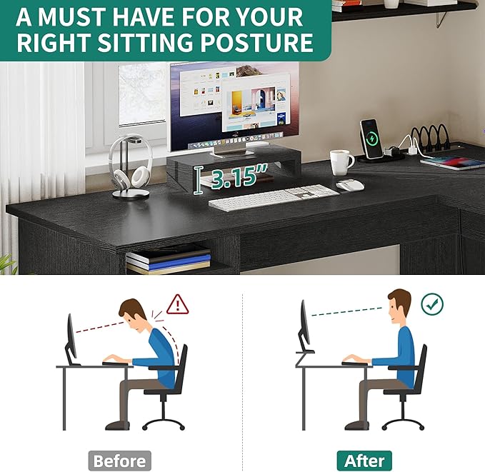 YITAHOME L Shaped Desk with Power Outlets 60 Inch Computer Desk Corner Desk with File Drawer Home Office Desk with Monitor Stand &amp Storage Shelves L-Shaped Desk with File Cabinet Black