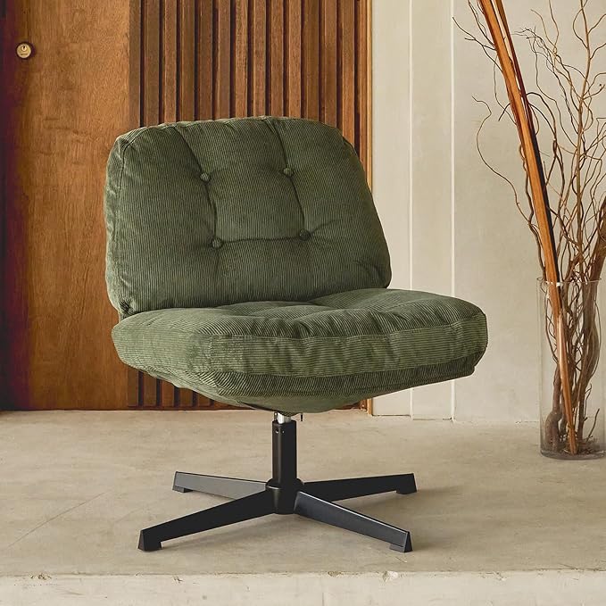 Nouhaus Balloon Criss Cross Chair Cross Legged Swivel Vanity Chair with Wide Comfy Padded Seat Armless No Wheels Fabric Modern Home Lounge Chairs for Living RoomBedroom(Green)