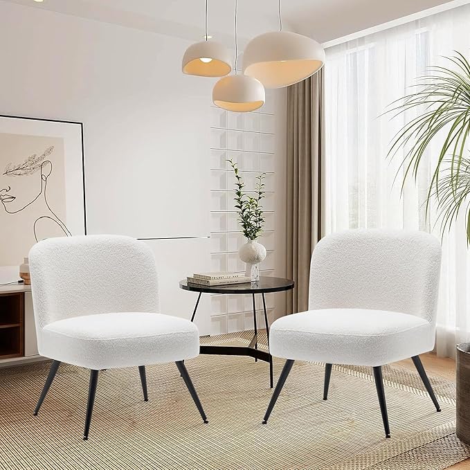 Aklaus Sherpa Boucle Accent Chairs Set of 2 for Living Room Bedroom.Upholstered Reading Chair Teddy White Modern Armless Chair with Larger Seat Comfy Side Chairs for Office Waiting Room