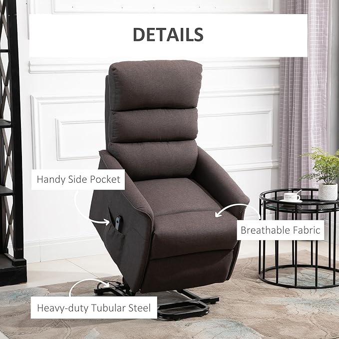 HOMCOM Power Lift Recliner Chair for Elderly Easy Assembly Fabric Lift Chair for Adults Recliner Sofa with Remote Control Side Pockets for Living Room Brown