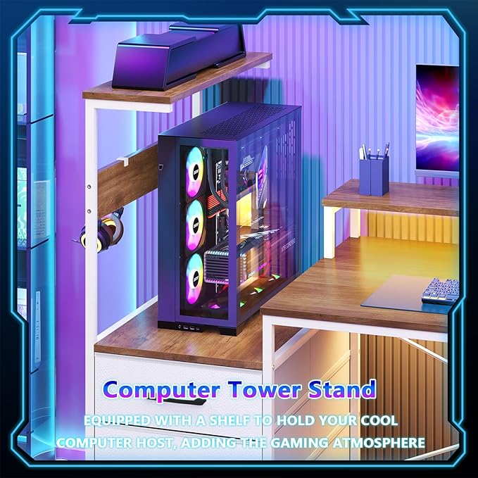 L Shaped Gaming Desk with Drawers &amp Storage Shelves Corner Gaming Desk with Power Outlets &amp LED Light Reversible Computer Desk with Monitor Stand &amp Hooks Brown and White