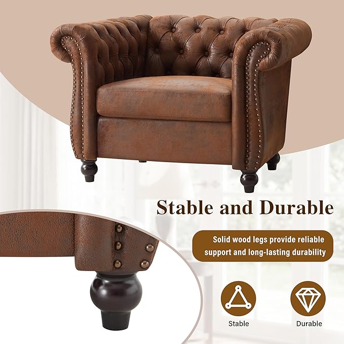 Mid-Century Modern Club Chair with Scrolled Arms Tufted Upholstered Rolled Armchair with Nailhead Trim and Solid Wood Legs for Home Bedroom Reading Room (Dark Brown87)